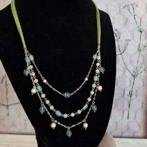 Vintage NY&CO Boho Multi Strand Blue Aqua White Faux Pearl Necklace Y2K